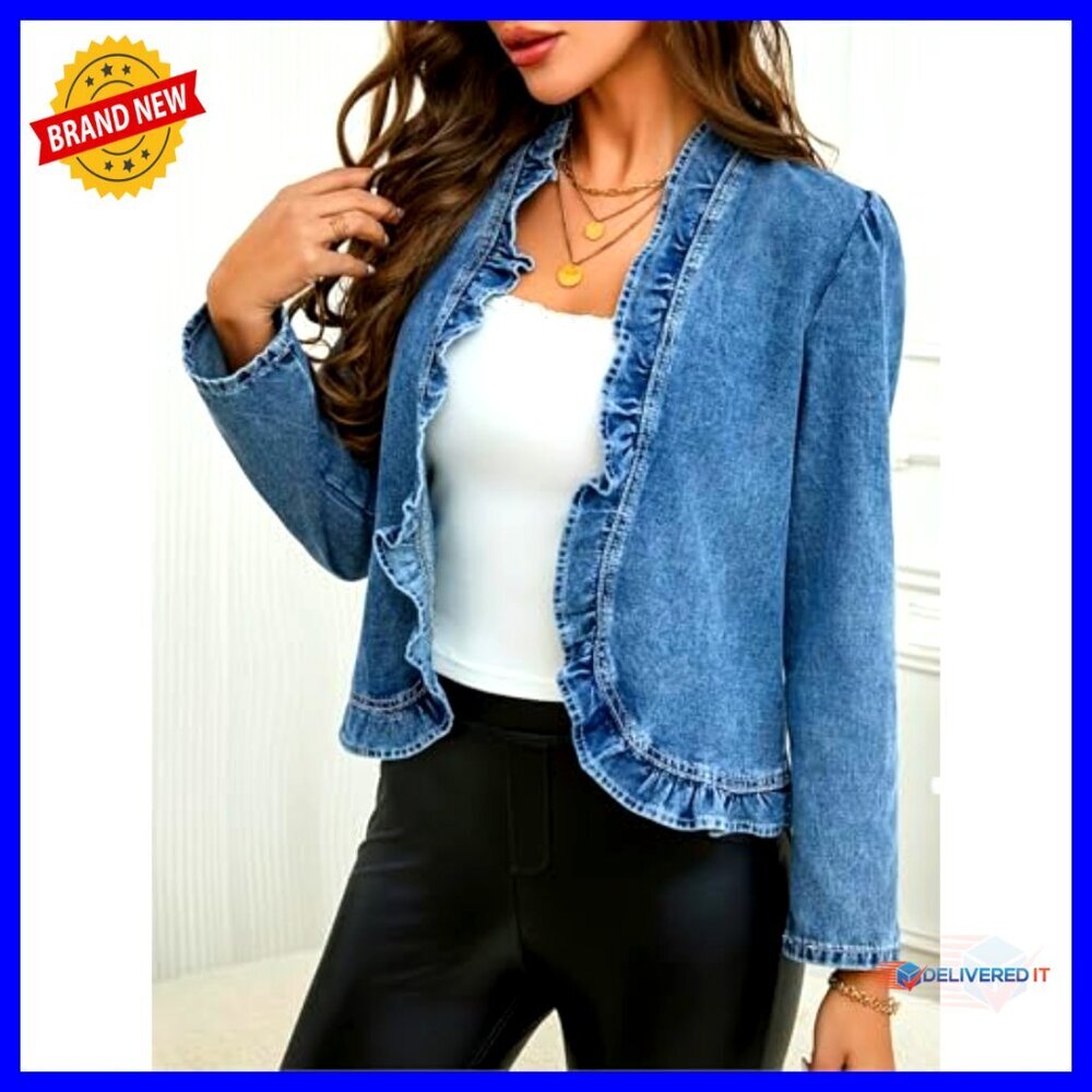 Cropped Denim Jacket with Ruffled Edge, Open Front, Long Sleeve - Picture 3 of 5